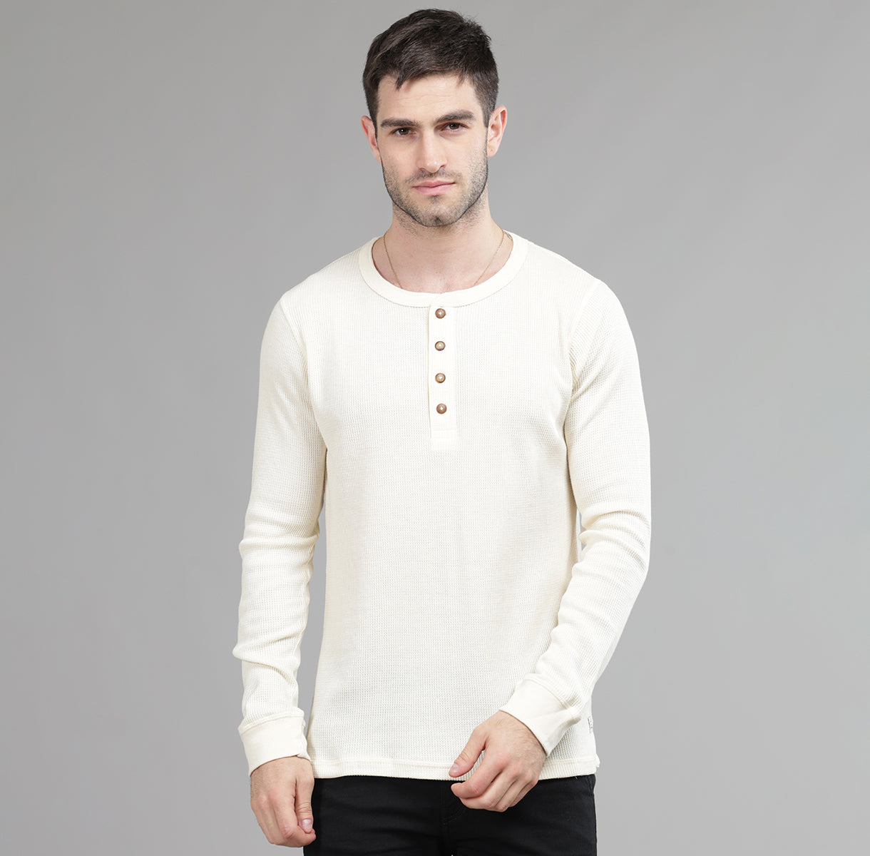 WAFFLE FABRIC HENLEY FULL SLEEVES TSHIRT - Main Image