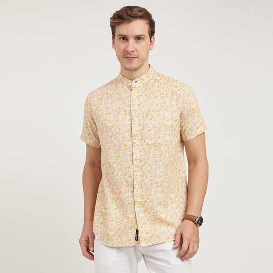 WHITE AOP HALF SLEEVES CASUAL LINEN SHIRT