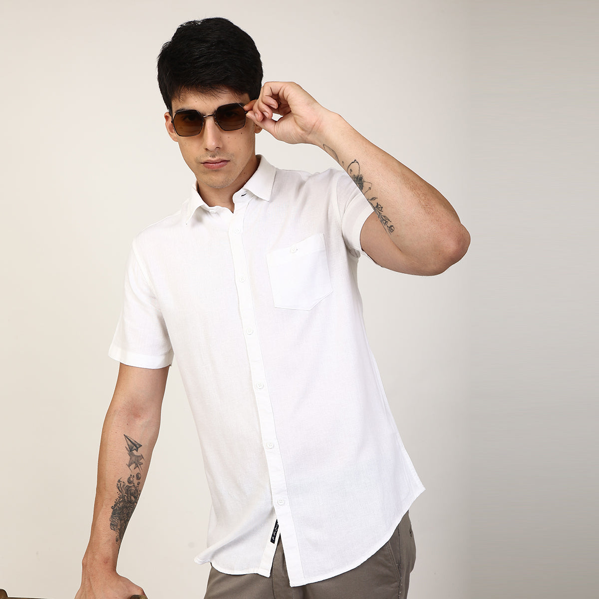 SOLID HALF SLEEVES CASUAL LINEN SHIRT