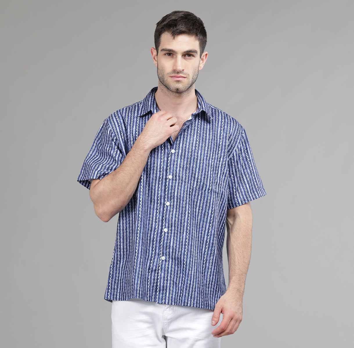 INDIGO STRIPES HALF SLEEVES OVERSIZE SHIRT