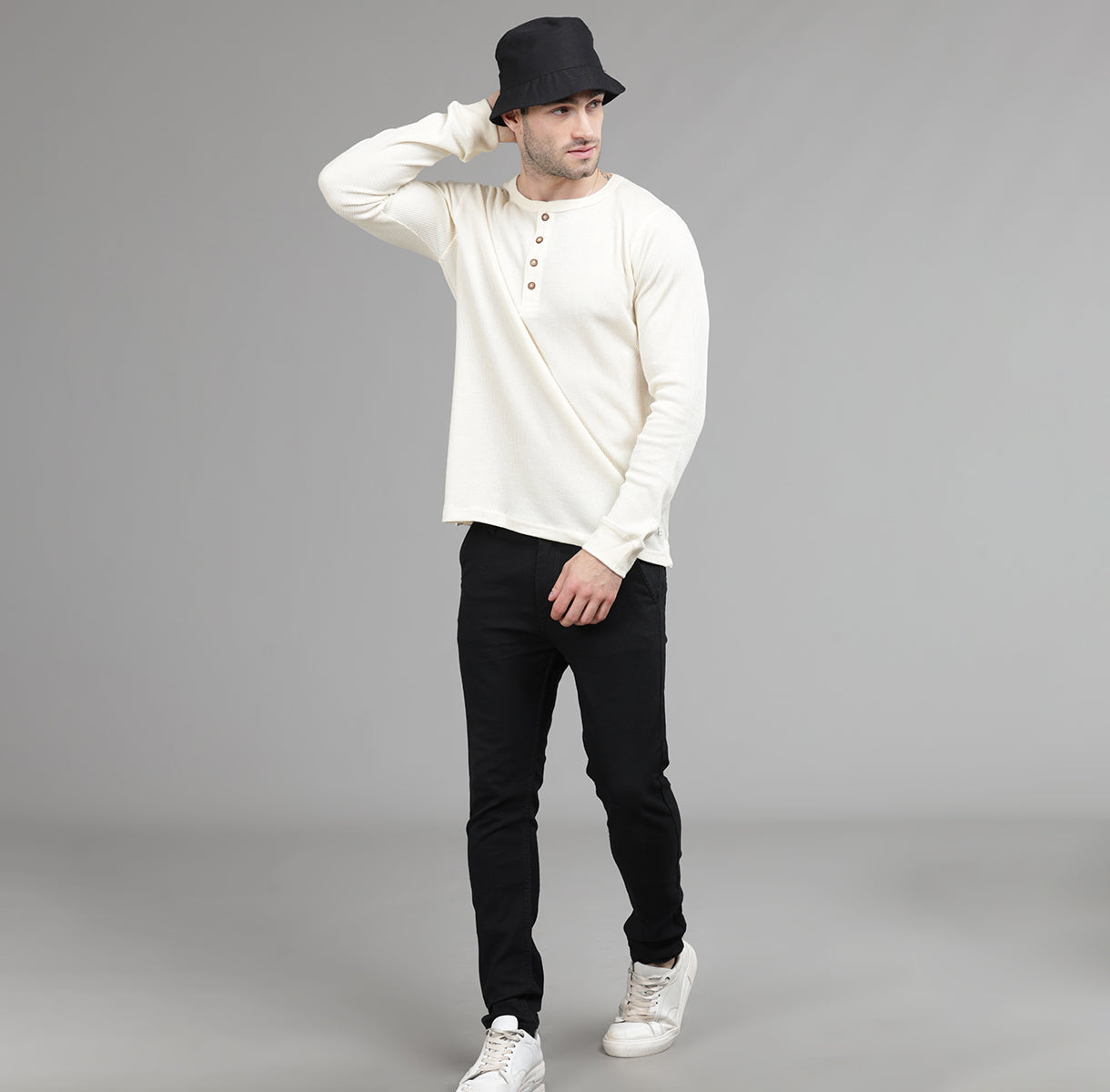 WAFFLE FABRIC HENLEY FULL SLEEVES TSHIRT