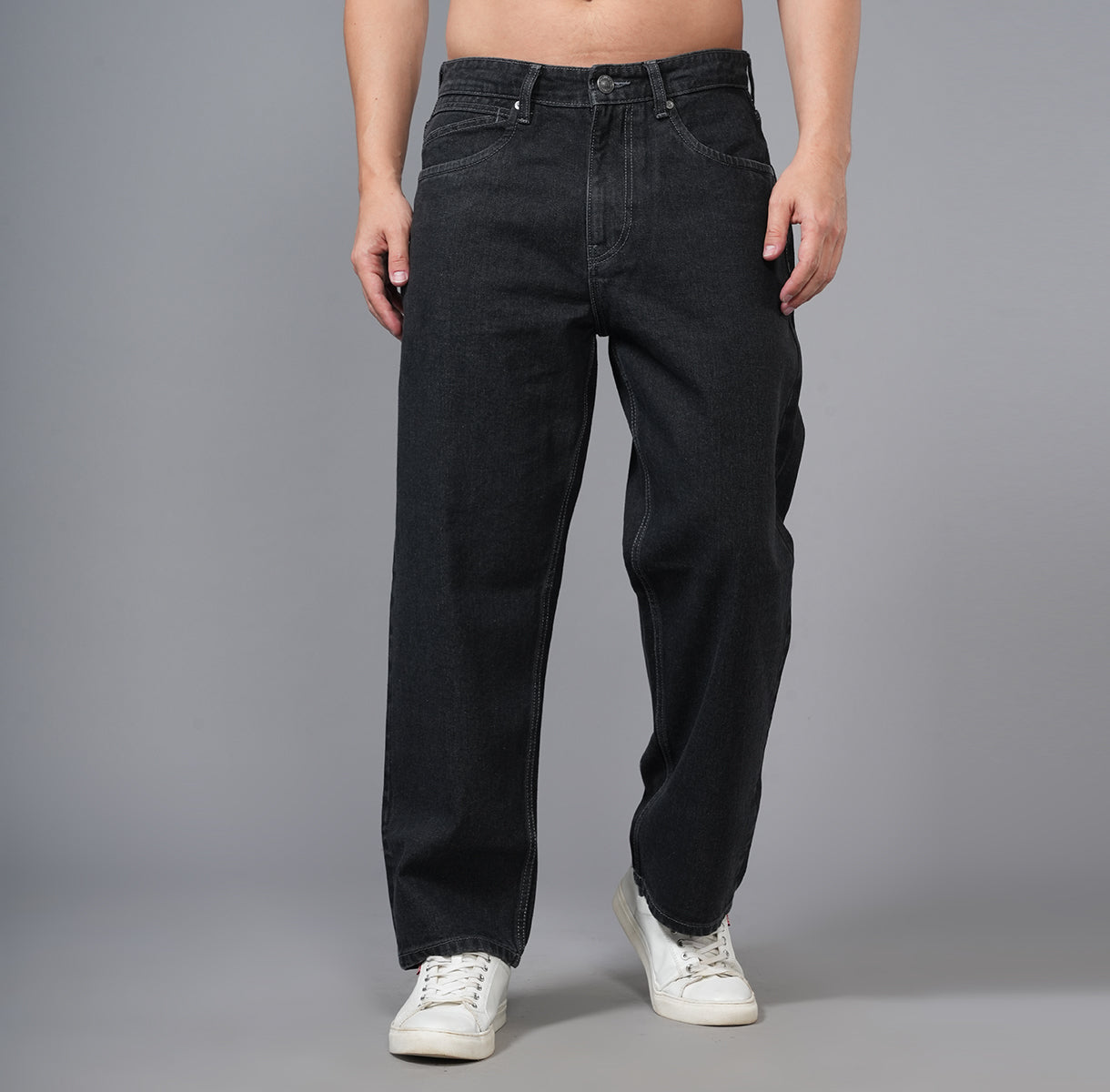 BLACK MID WASH LOOSE FIT JEANS